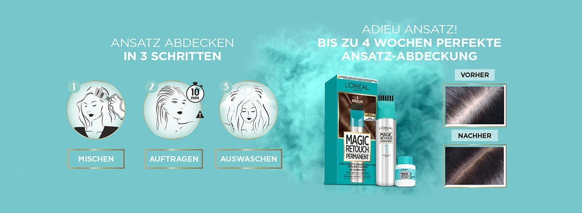 Magic Retouch Ansatz-Kaschierspray Produktabbildung mit Anwendungsanleitung in drei Schritten